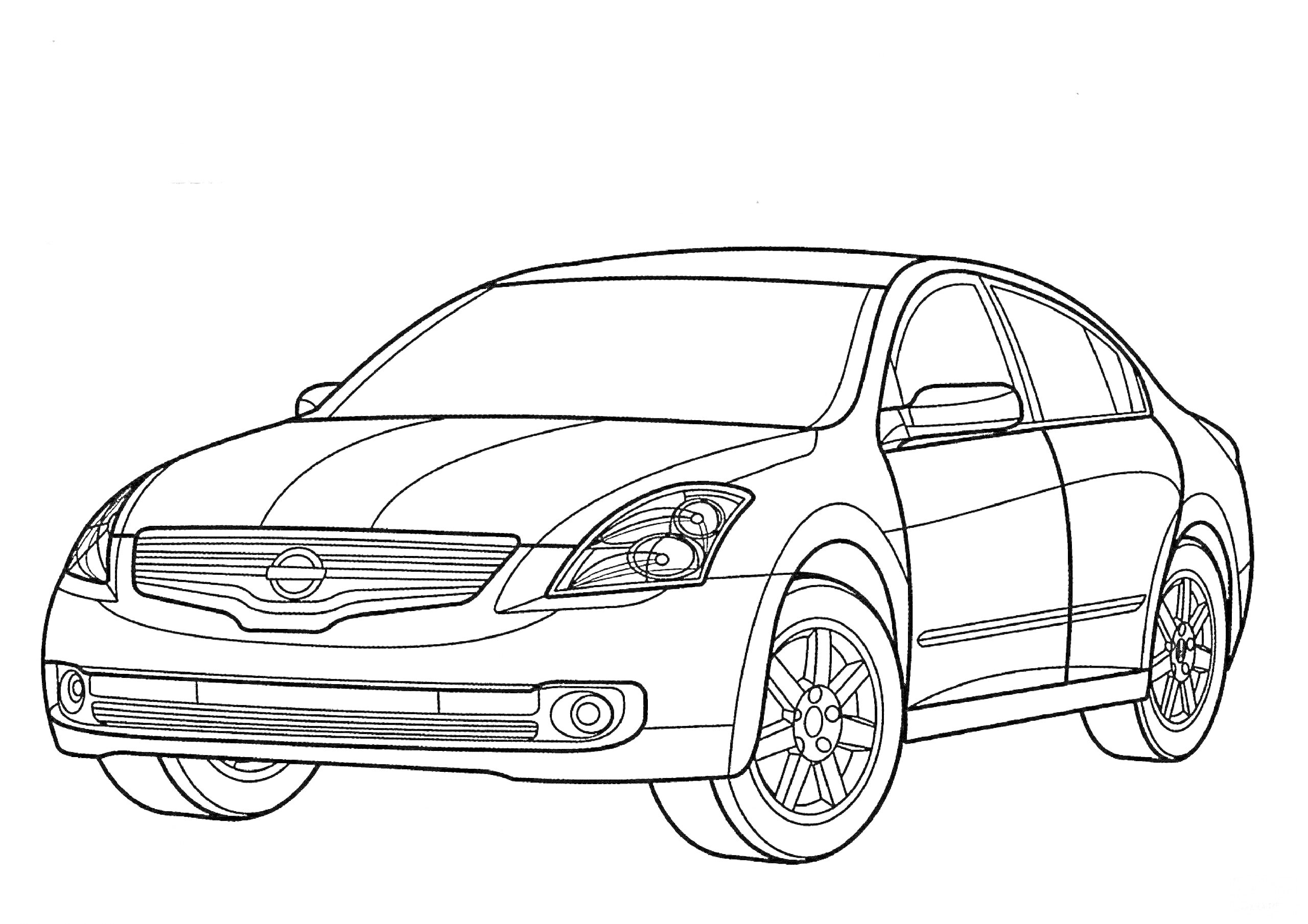 Раскраска Легковой автомобиль Nissan, вид спереди с видимым логотипом, фарами, капотом, боковыми зеркалами, лобовым стеклом, дверями, колесами