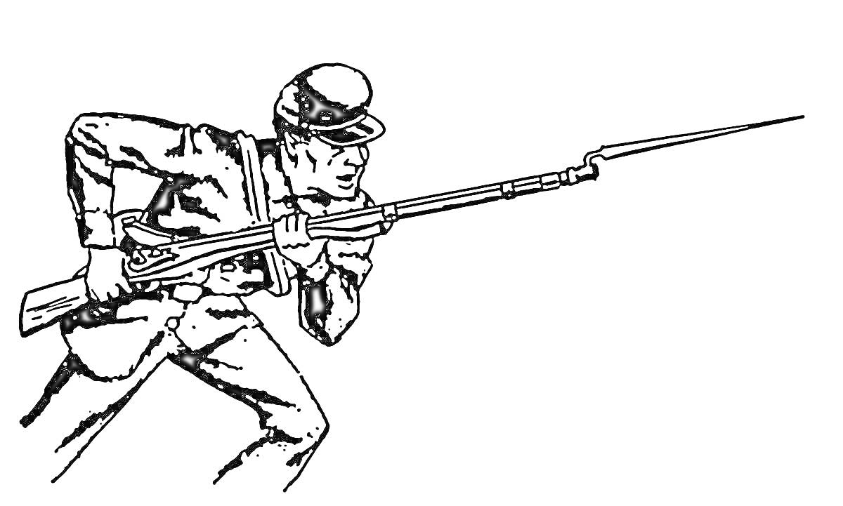 На раскраске изображено: Солдат, Воин, Ружье, Военная форма, Оружие, Сражение, Атака