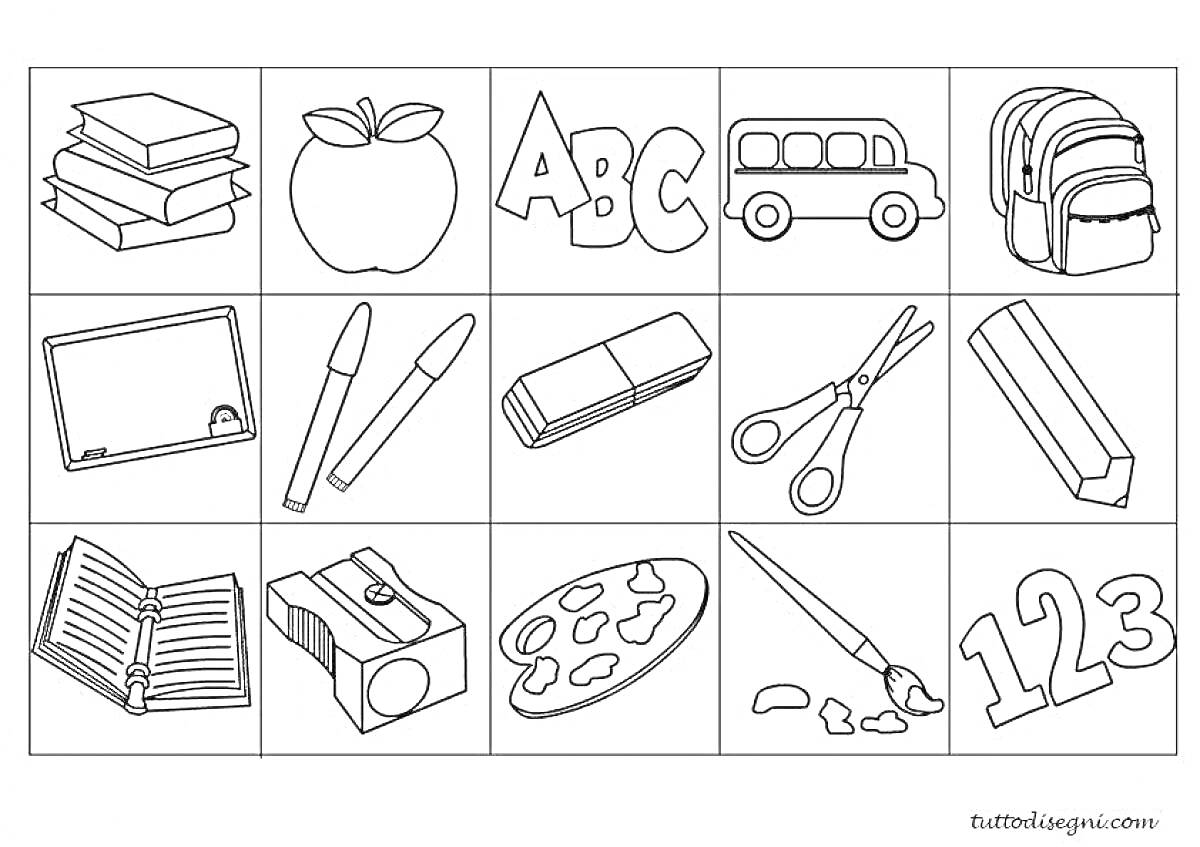 На раскраске изображено: Школьные предметы, Яблоко, Буквы, ABC, Школьный автобус, Рюкзак, Доска, Ластик, Ножницы, Точилка, Цифры