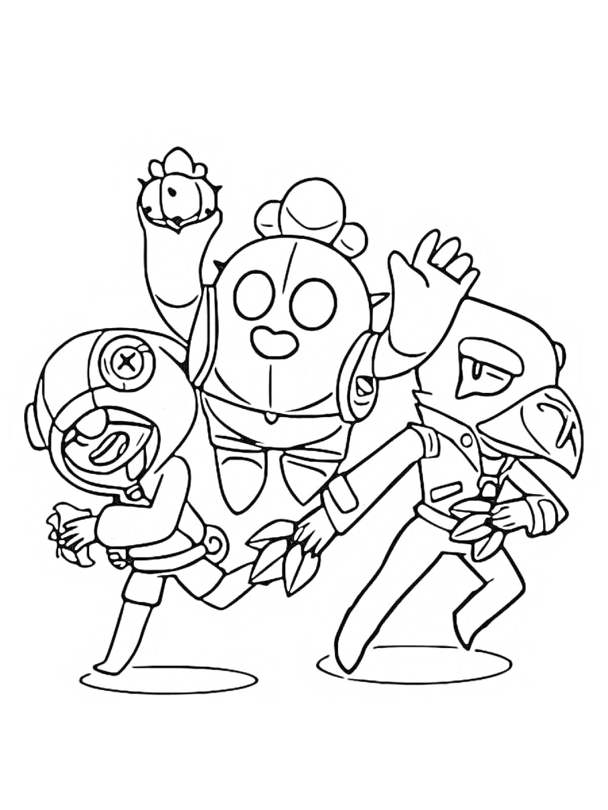 Раскраска Три персонажа мультфильма, один держит предмет, два бежат
