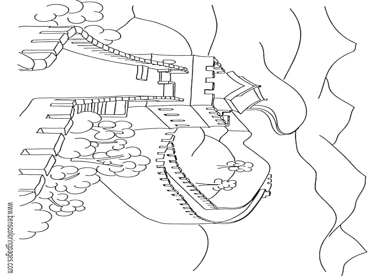 На раскраске изображено: Великая Китайская стена, Башни, Деревья, Горы, Архитектура, Китай, Пейзаж, Исторические памятники