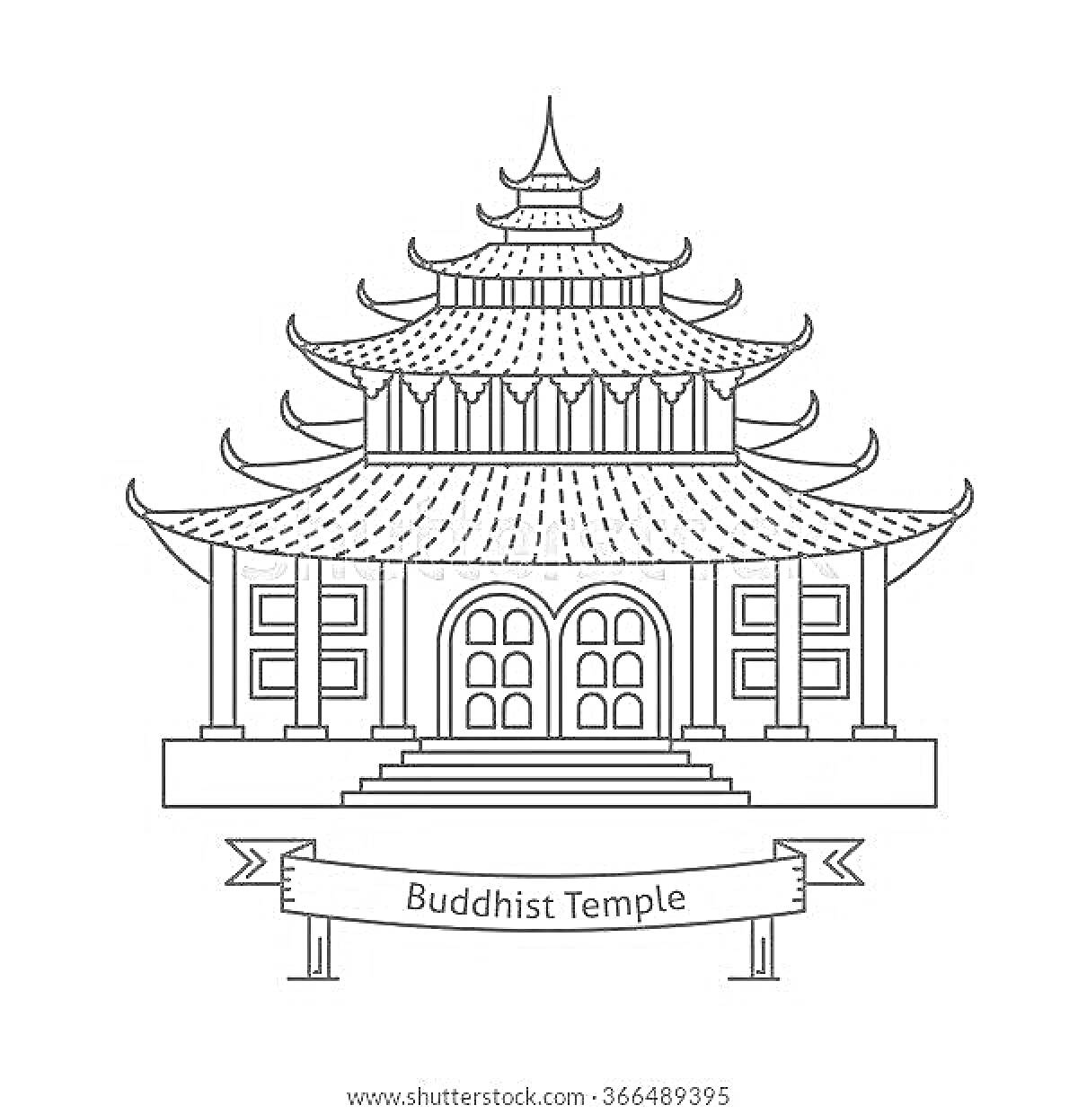 На раскраске изображено: Пагода, Колонны, Арка, Ступени, Вывеска, Декоративный элемент