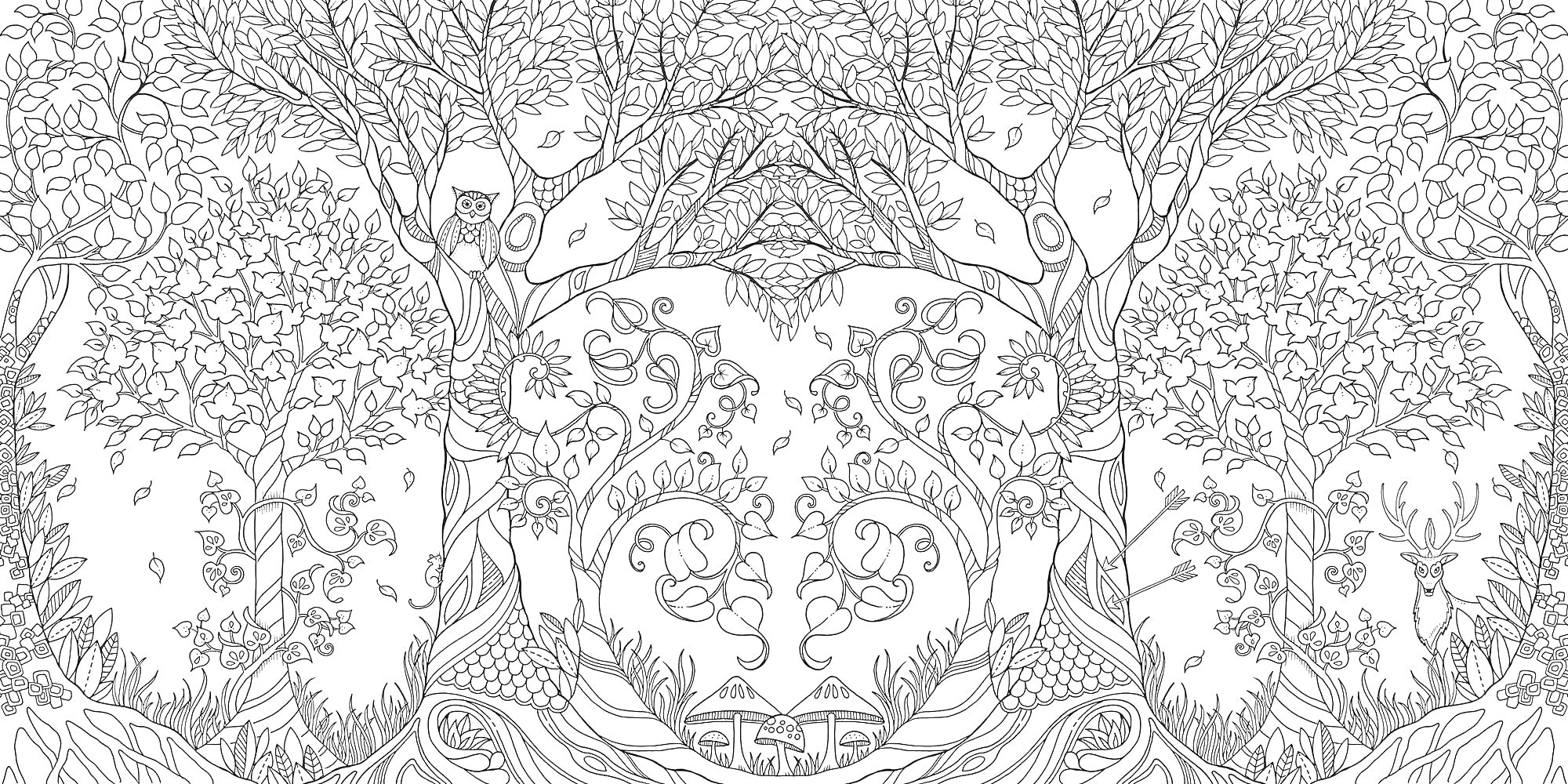 Раскраска Два дерева, дом, птицы, цветы и узоры