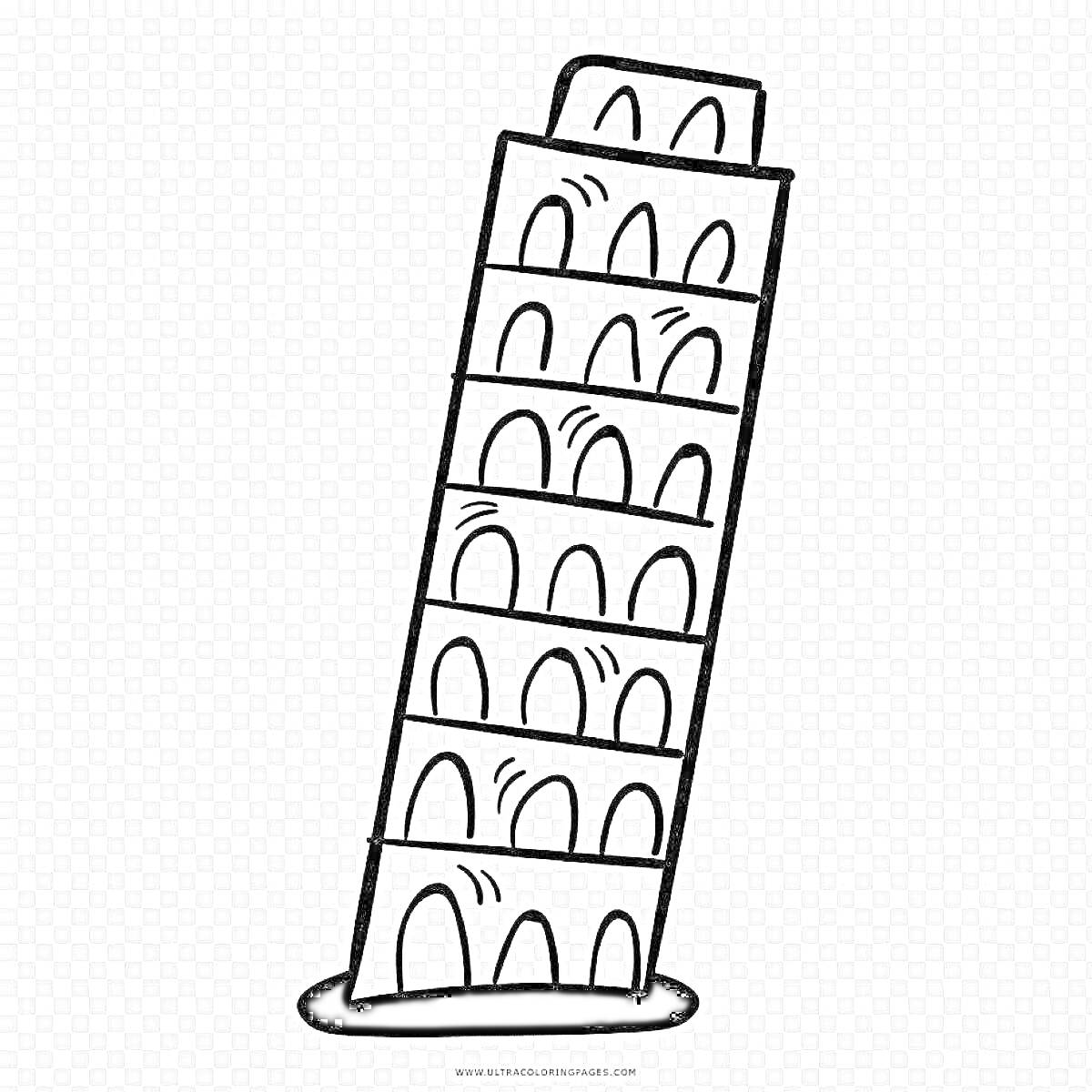 На раскраске изображено: Пизанская башня, Архитектура, Италия, Крыша, Прозрачный фон