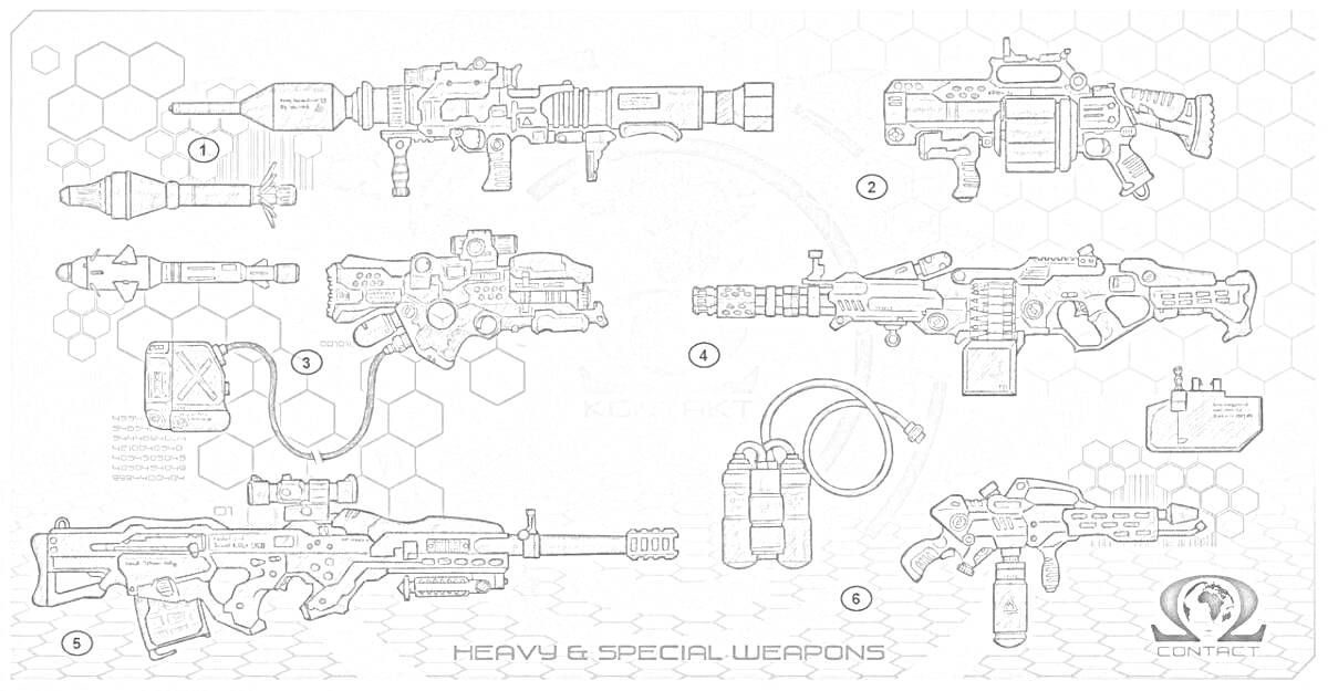 Раскраска Рисунок с тяжелым и специальным оружием, включающие различные виды гранатометов, пулеметов и другое военное оборудование