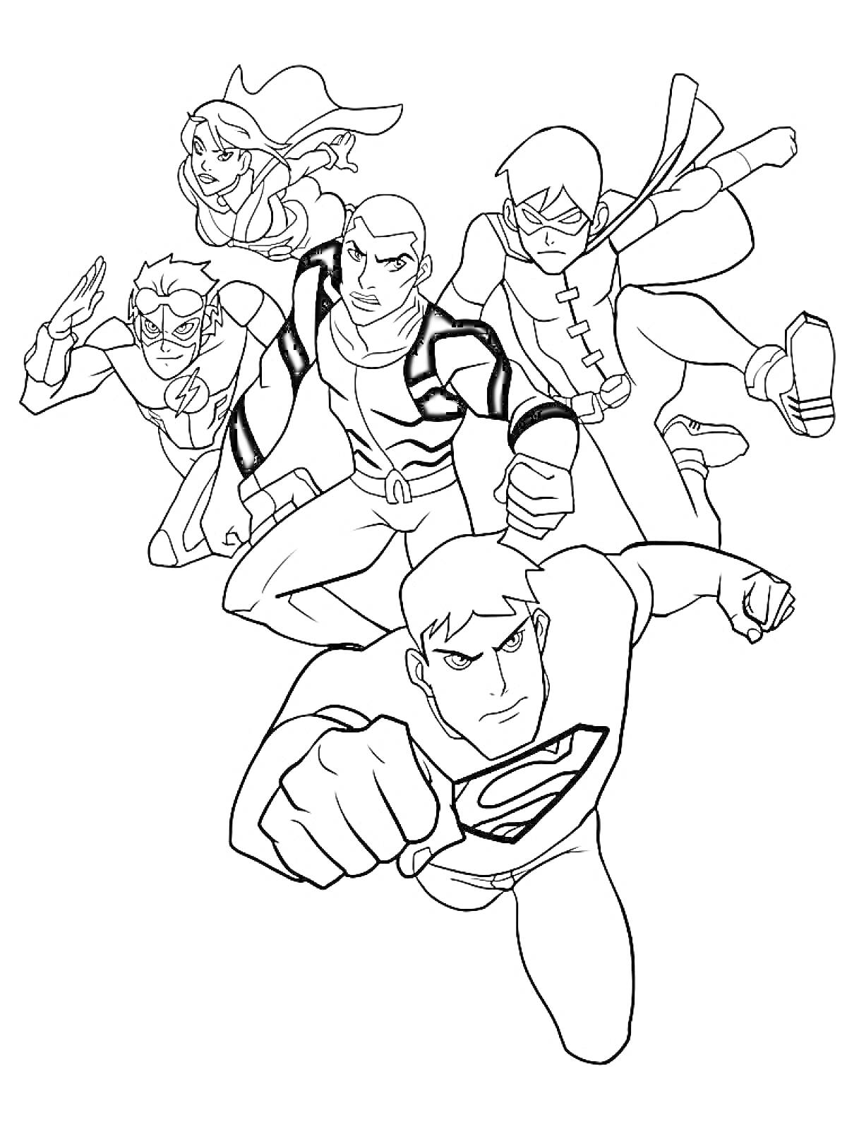 На раскраске изображено: Лига Справедливости, Супергерои, Полет, Флэш, Киборг, Анимация, Комиксы, Для детей