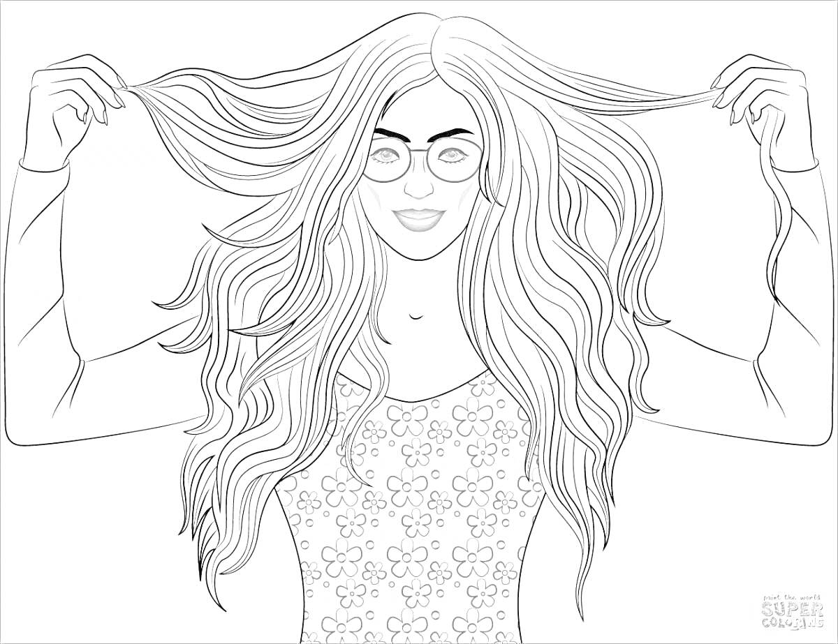 Раскраска Девушка в очках с длинными распущенными волосами в цветочной майке