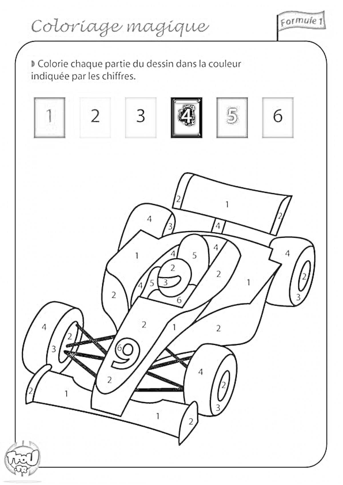 На раскраске изображено: По номерам, Гоночная машина, Цифры, Цветовая схема, Формула 1, Колеса, Мальчик, Двигатели