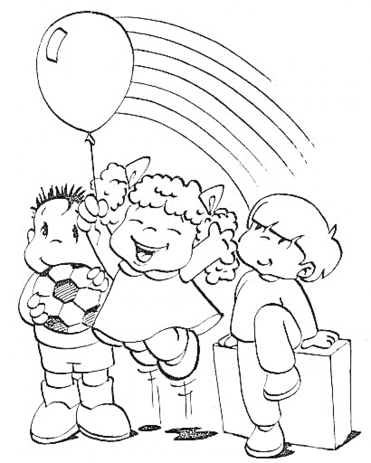 Дети с мячом, воздушным шаром и радугой