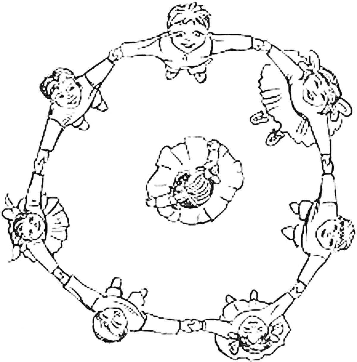 Раскраска Дети, стоящие по кругу и держась за руки