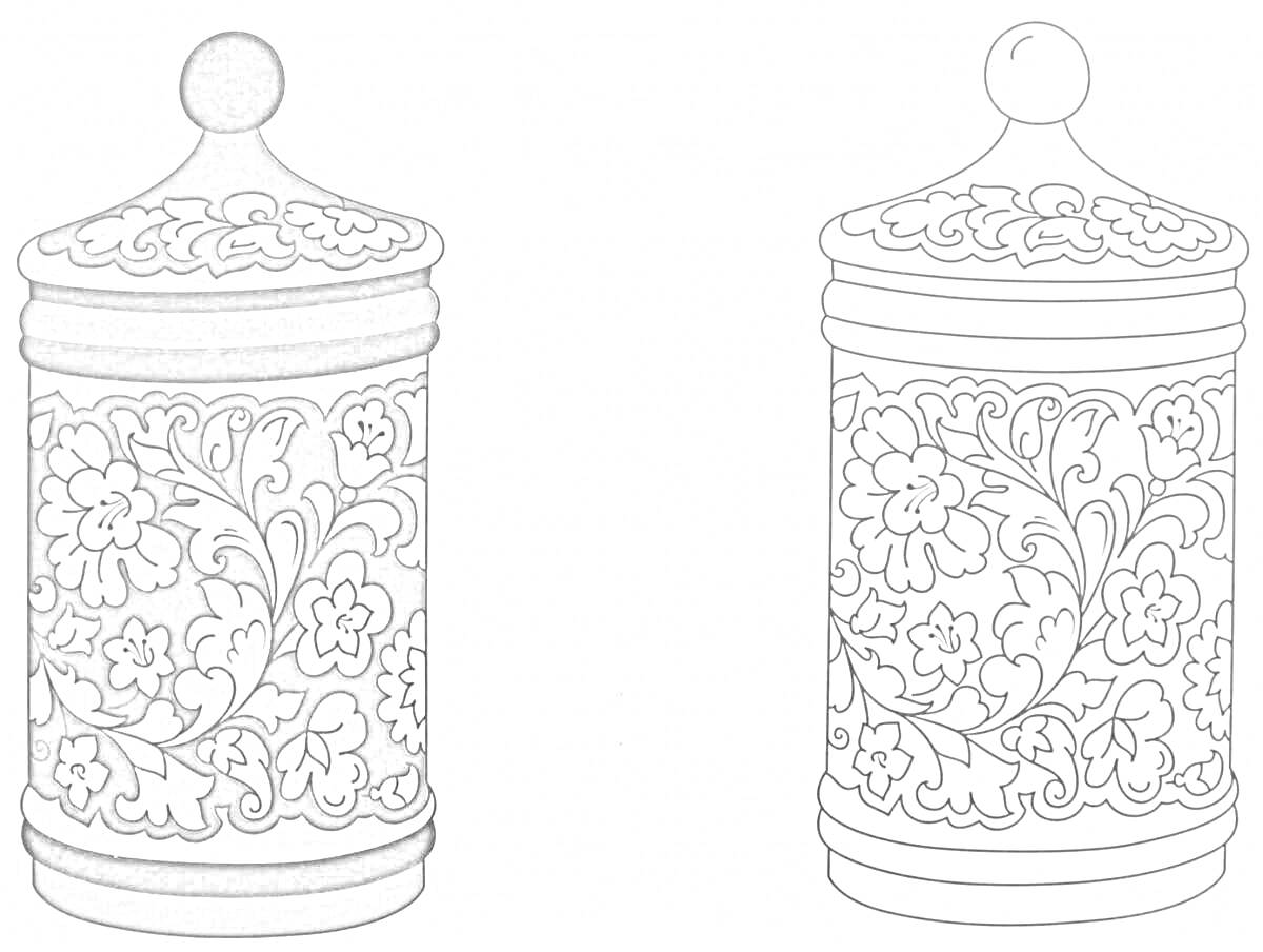 Раскраска Раскраска банки с хохломской росписью, узоры листья и цветы