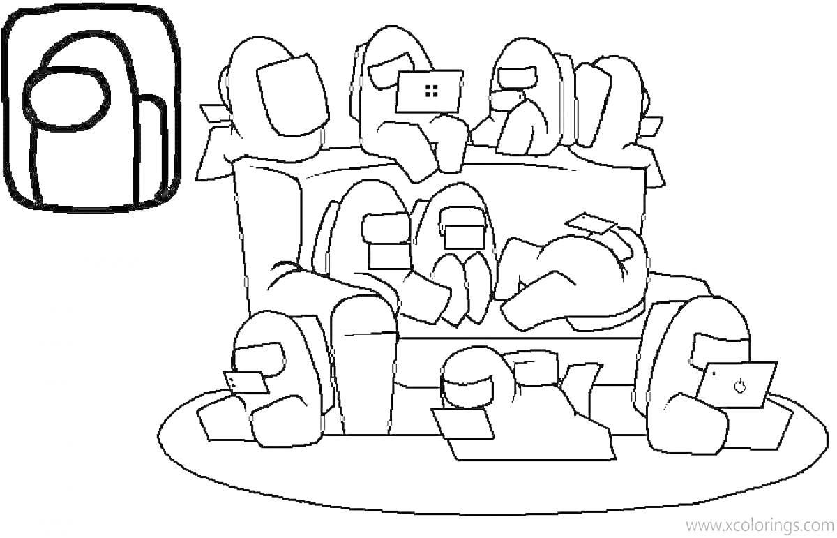 Раскраска Персонажи из игры Амонг Ас в гостиной на диване