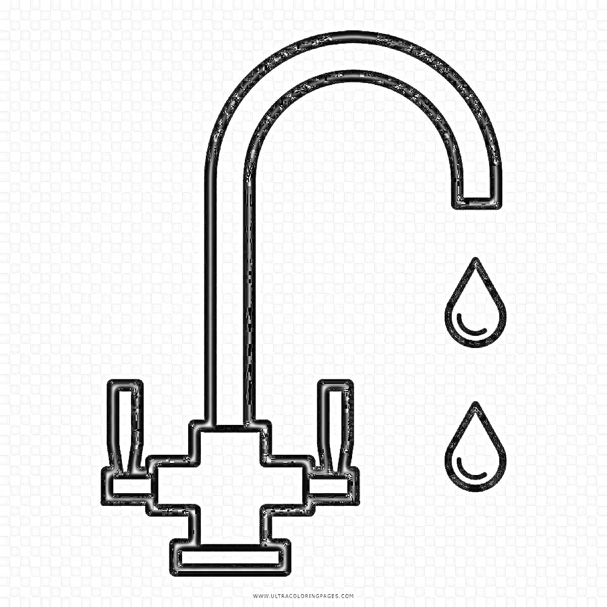 На раскраске изображено: Кран, Вода, Капли, Сантехника