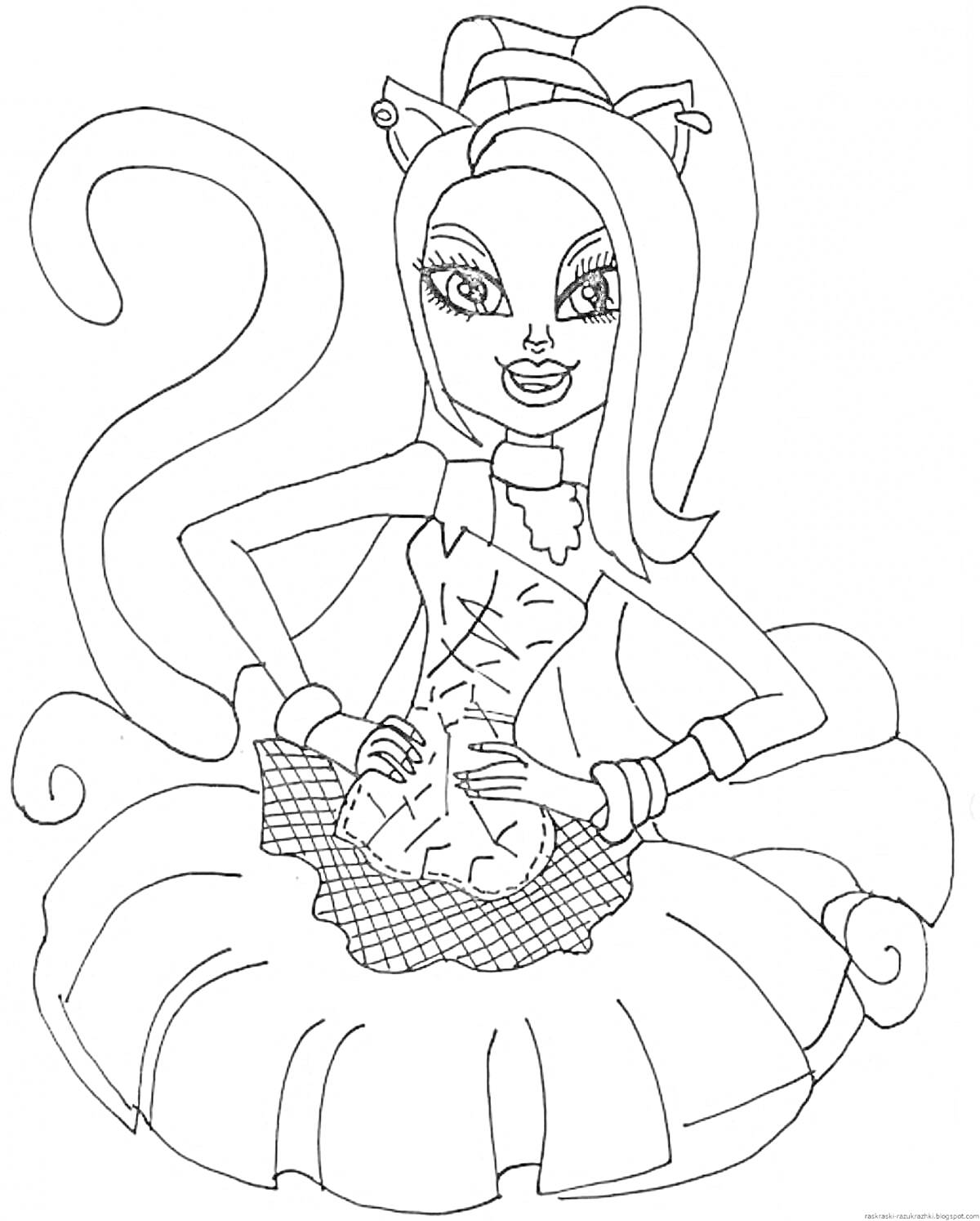 Раскраска Девушка из Монстер Хай с кошачьим хвостом, бантиком на голове и платьем с юбкой и корсетом