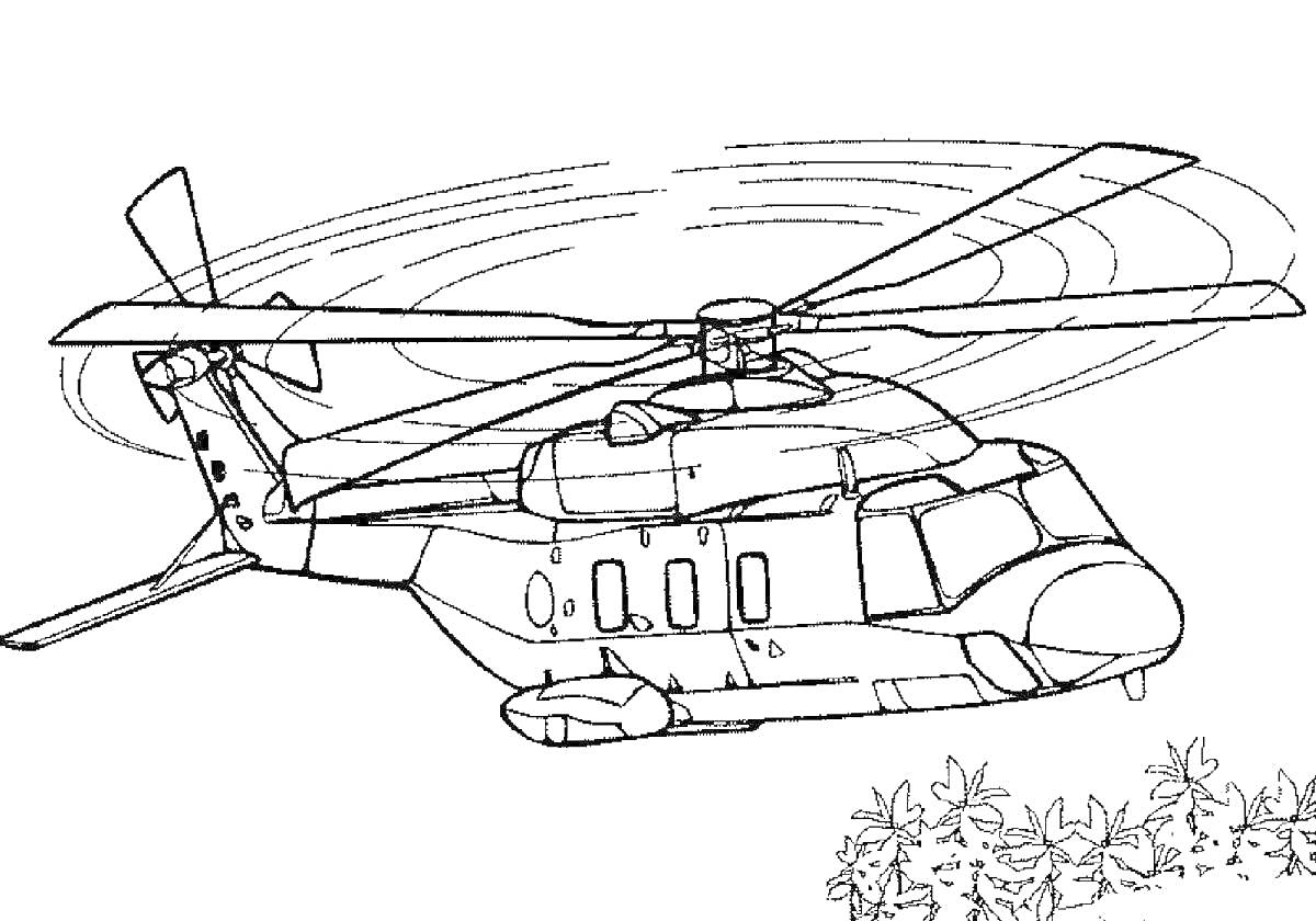 Раскраска Вертолет в полете над цветущими кустами
