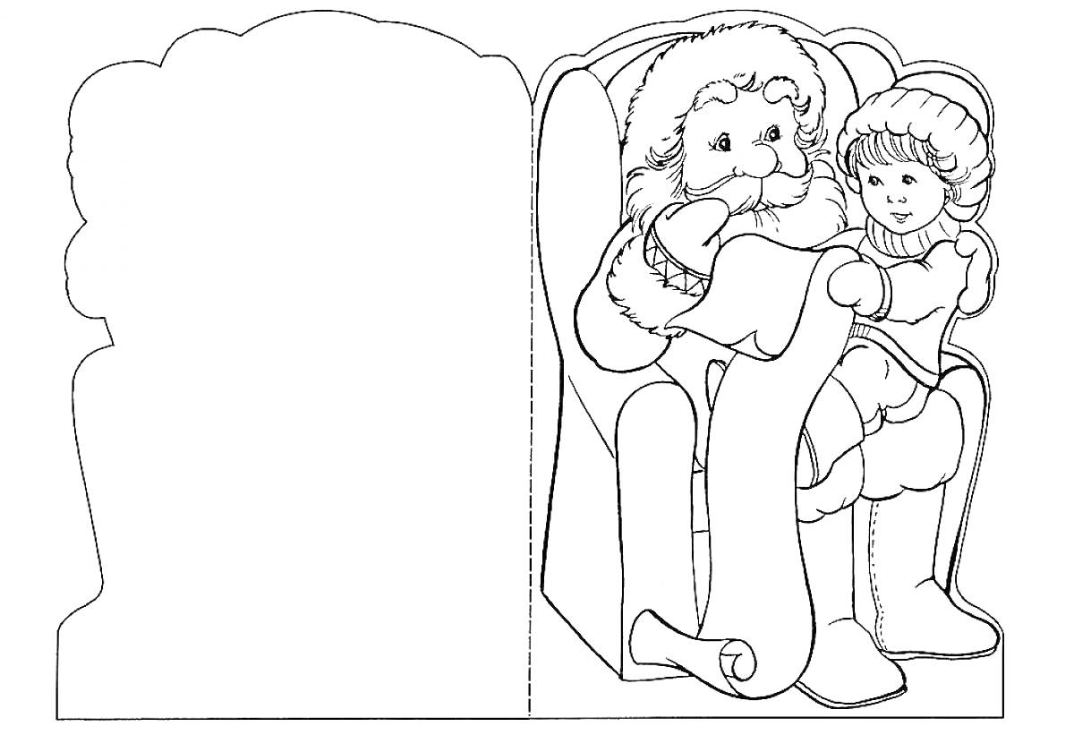Санта Клаус с ребенком на коленях, читающий список желаний
