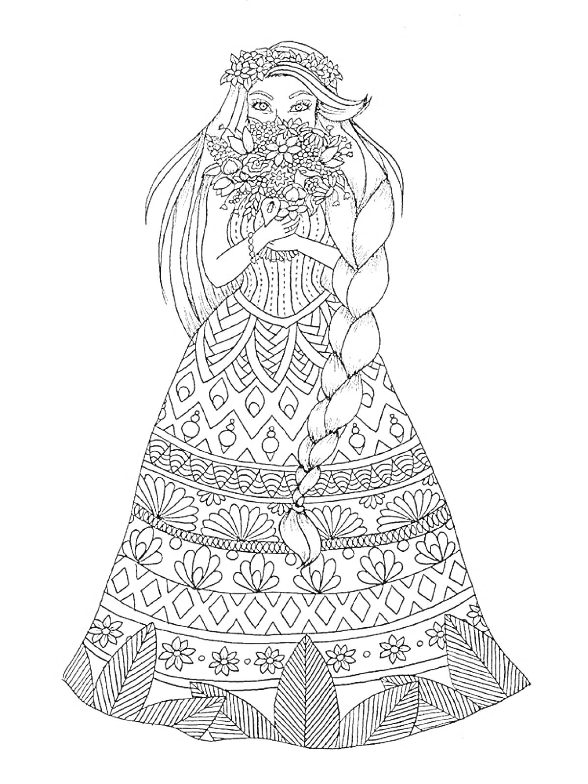 Раскраска Девушка с длинной косой в платье с узорами, держащая букет цветов