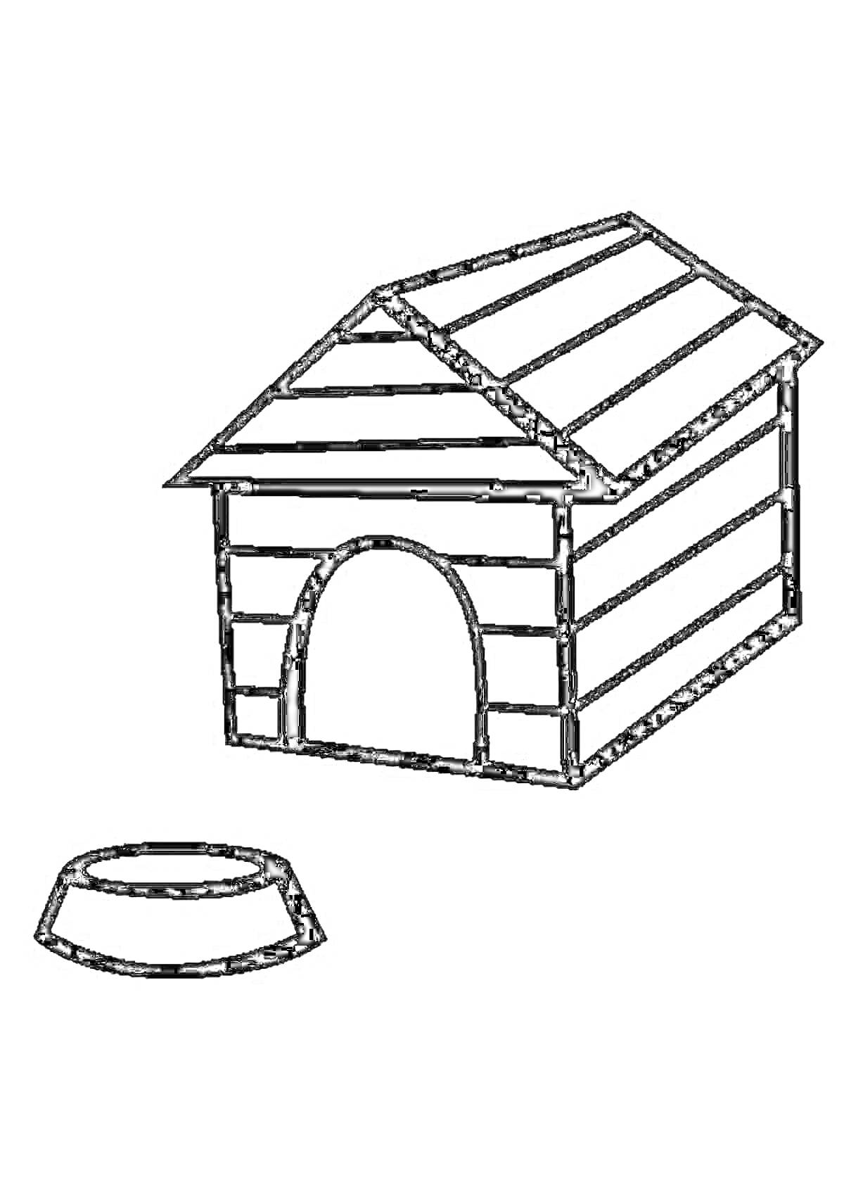 На раскраске изображено: Будка, Миска, Домик для собаки, Еда для животных