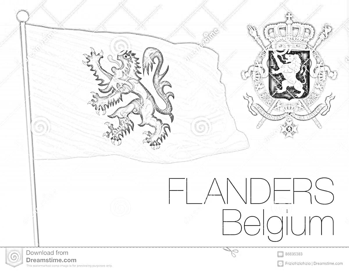 Раскраска Флаг Фландрии с изображением льва, герб Бельгии и текст 