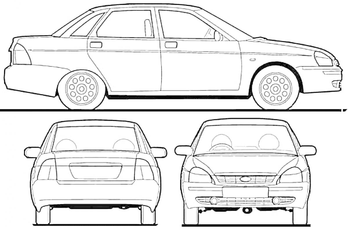 Раскраска Чертеж автомобиля Лада Приора с боковым и двумя фронтальными видами
