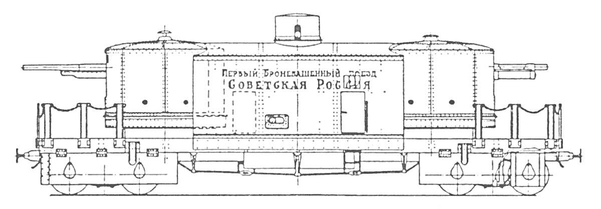 Чертеж бронепоезда Советская Россия с башнями и дверью
