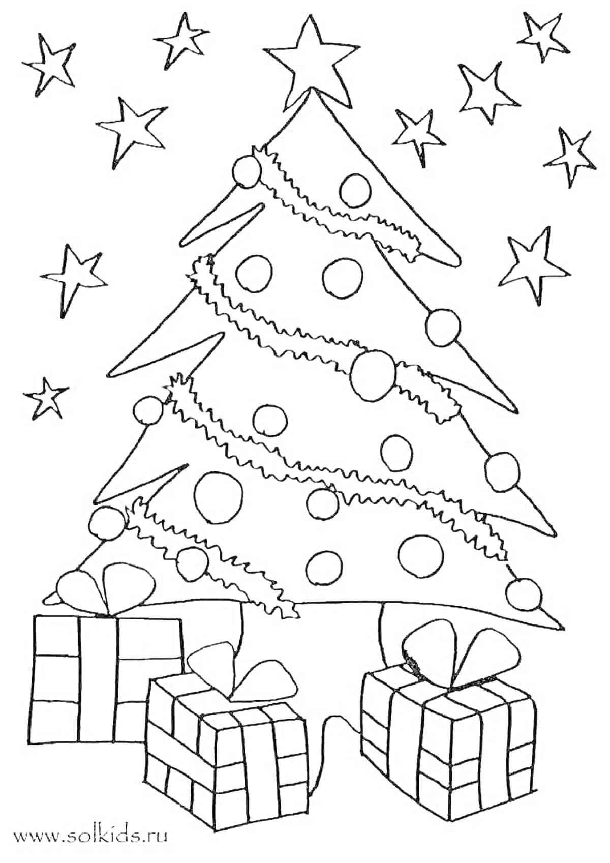 Раскраска елочка с гирляндой и шарами, окруженная звездами, с подарками под елкой
