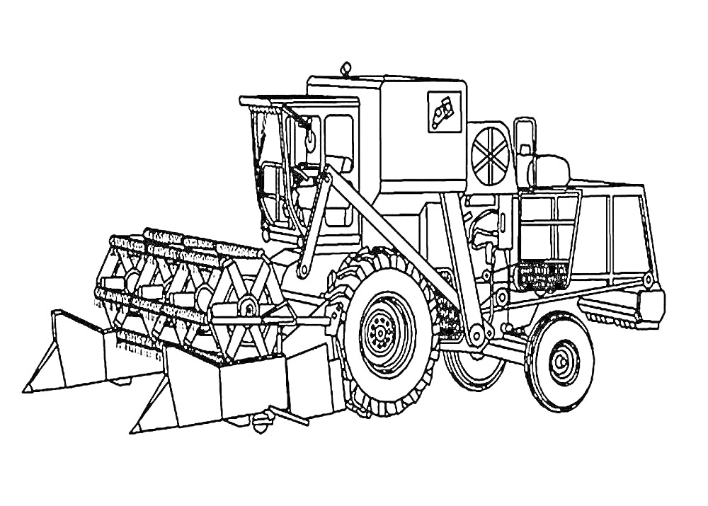 Раскраска Комбайн с жаткой и кабиной оператора на больших колесах