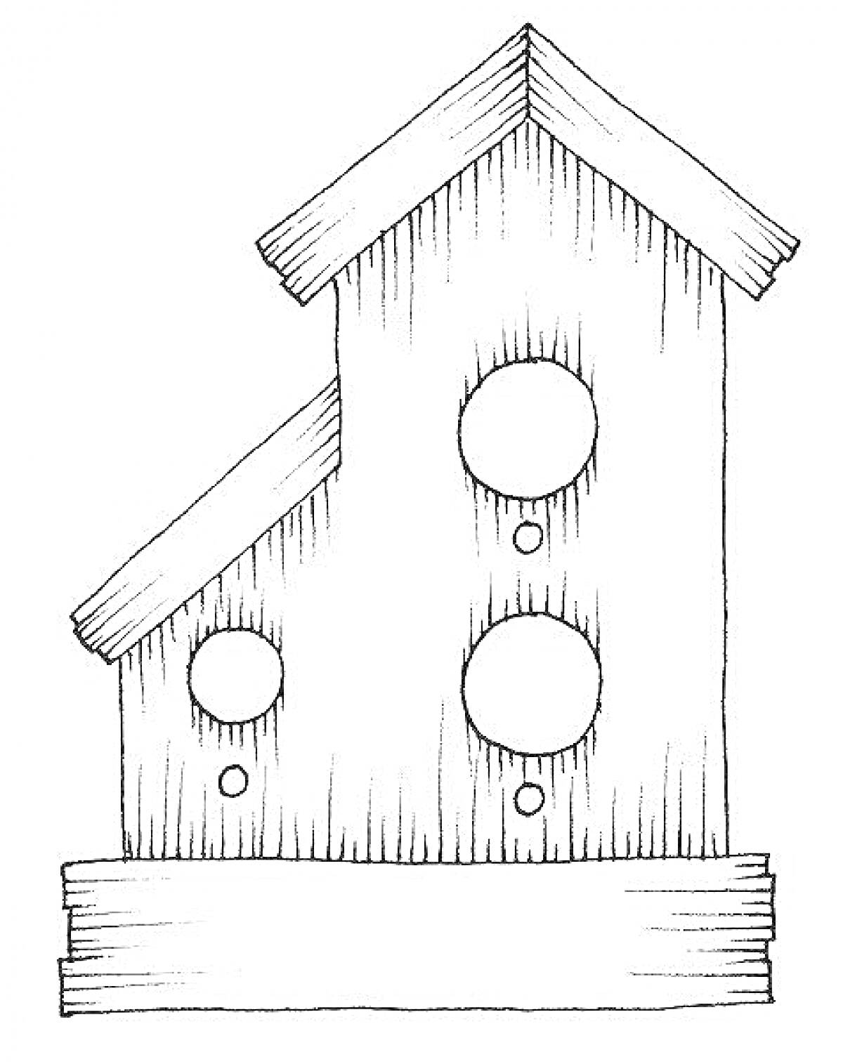 Раскраска Скворечник с тремя круглыми отверстиями и деревянными досками