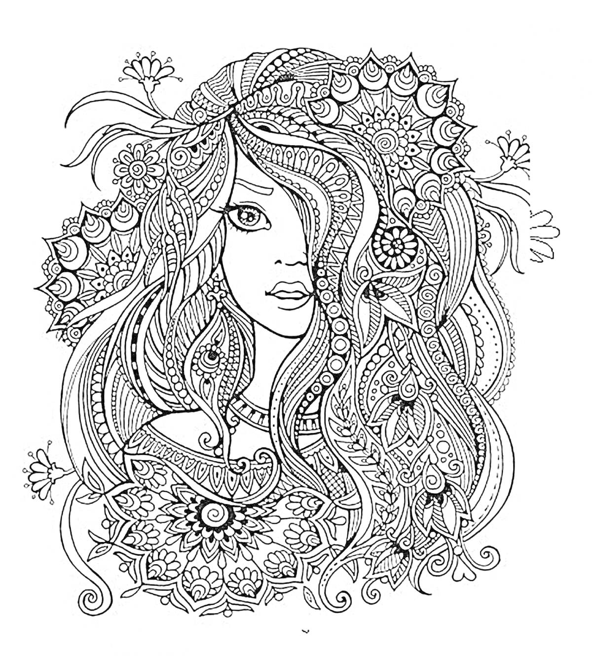 На раскраске изображено: Цветы, Узоры, Волосы, Для взрослых