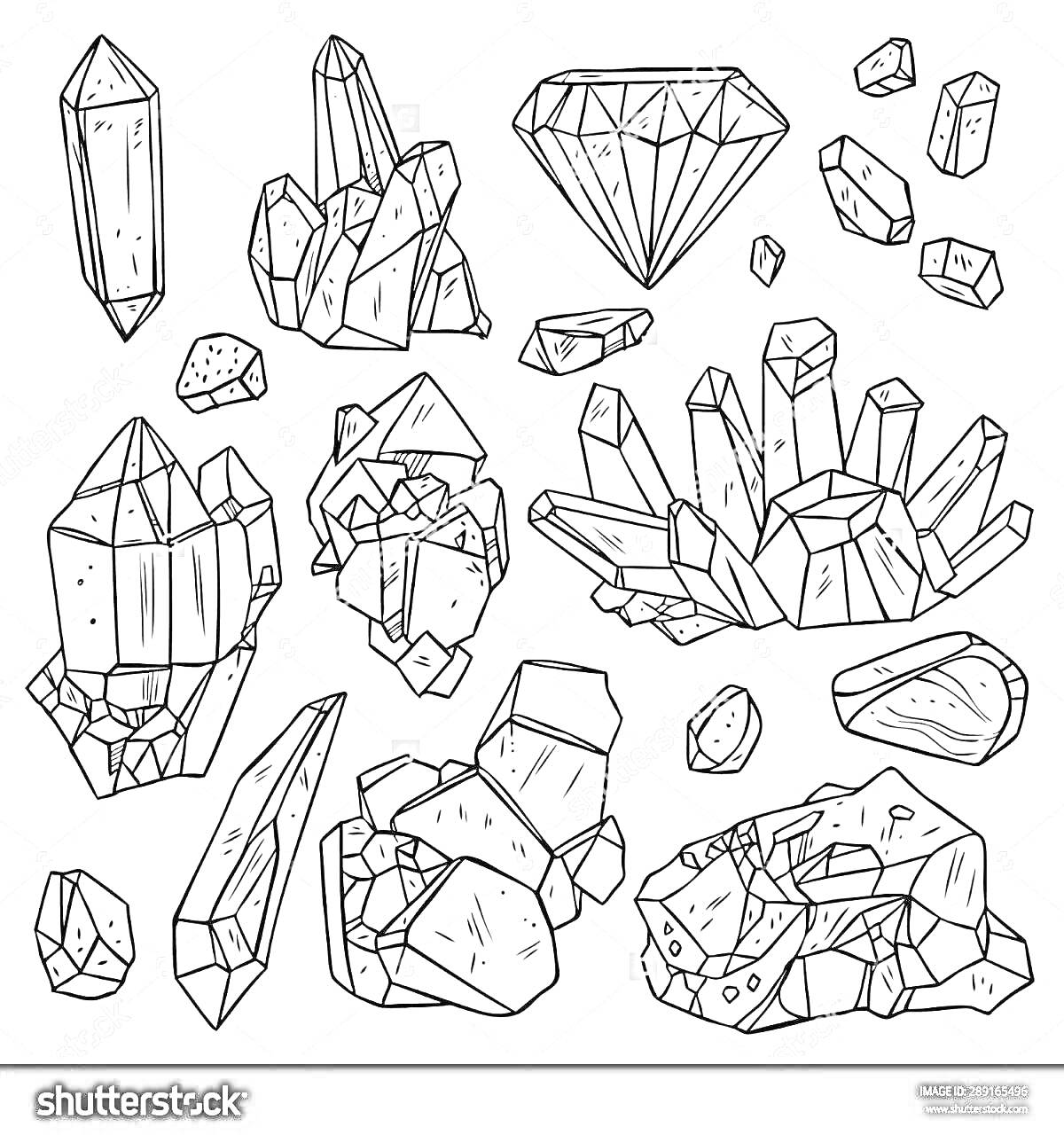Раскраска Разные виды драгоценных камней и кристаллов с множественными гранями