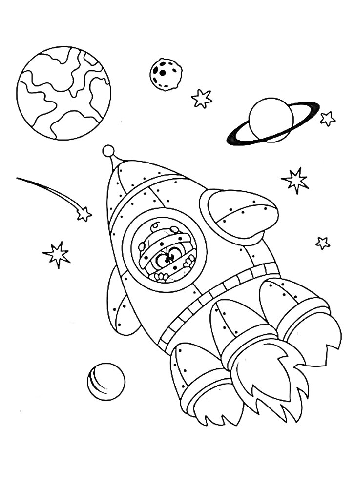 На раскраске изображено: Ракета, Космос, Астронавт, Полет, Ребёнок, Астероиды, Планеты, Звезды, Приключения, Спутники