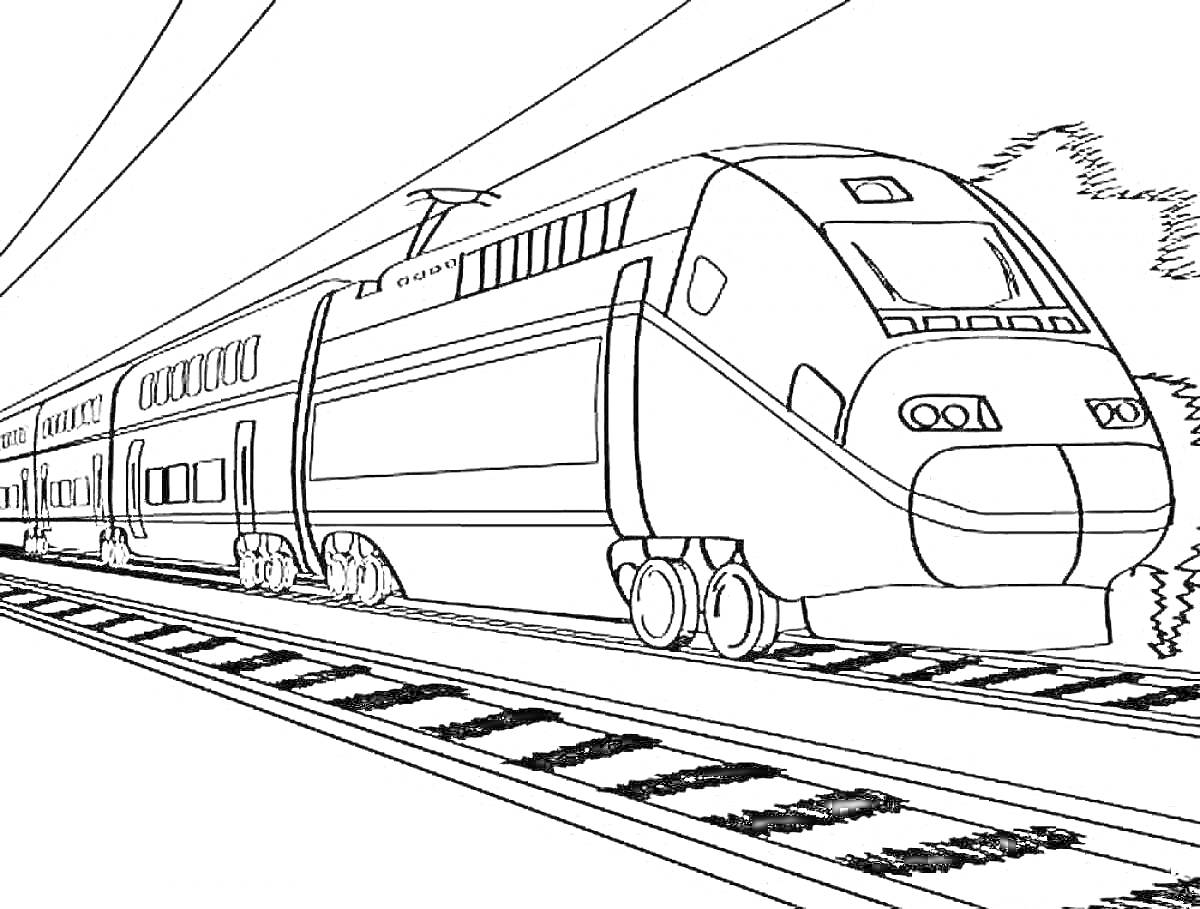 На раскраске изображено: Поезд, Железная дорога, Скоростной поезд, Линии электропередач, Деревья, Транспорт