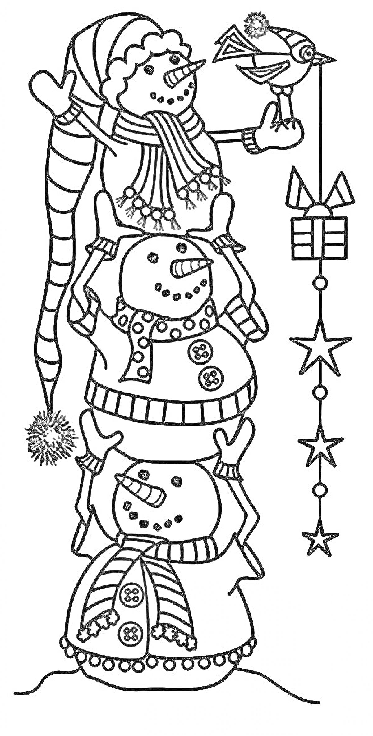На раскраске изображено: Снеговики, Звезды, Кнопки, Снег, Зима, Птица