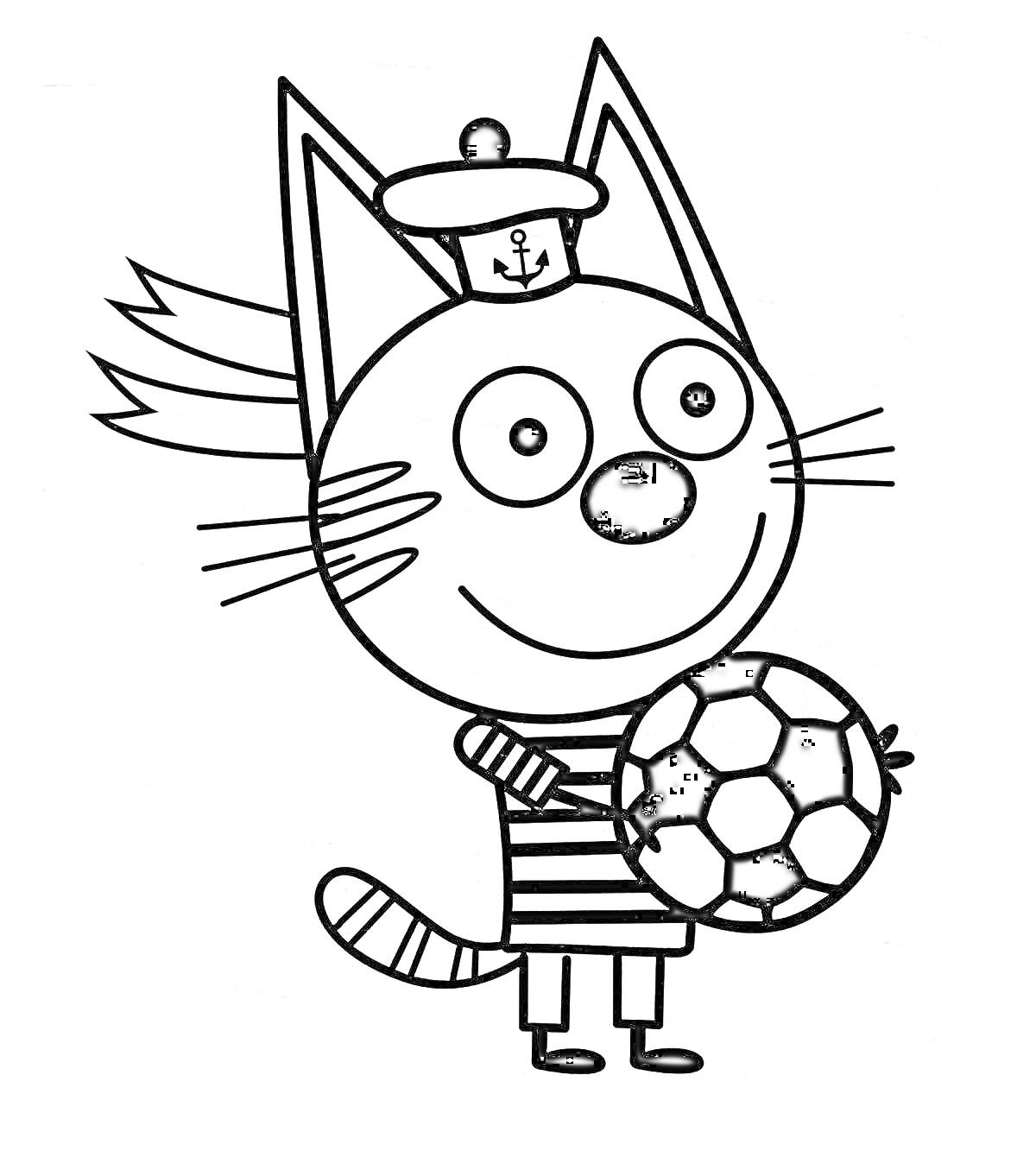 Раскраска Кот в тельняшке и морской фуражке, держащий футбольный мяч