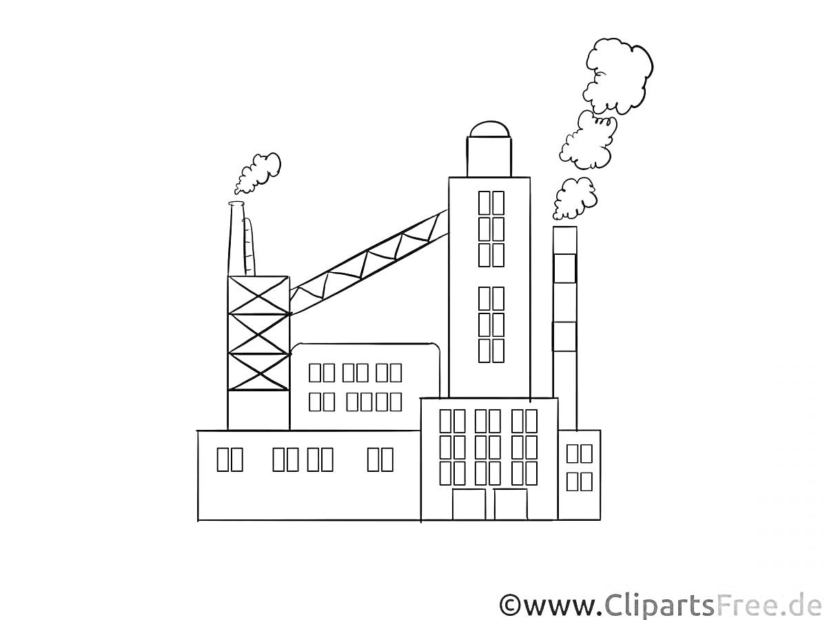 Раскраска Завод с трубами, зданиями и дымом