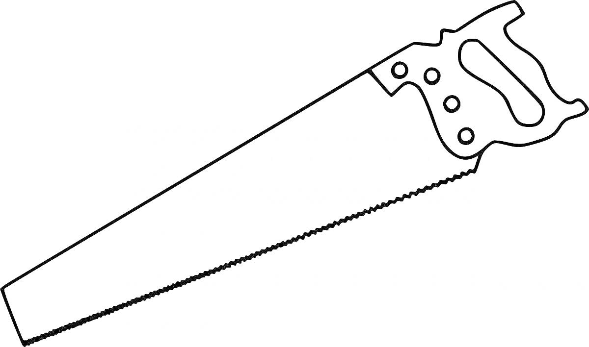 На раскраске изображено: Пила, Ручная пила, Инструмент, Зубчатое лезвие, Рукоятка, Отверстия, Деревообработка, Резка
