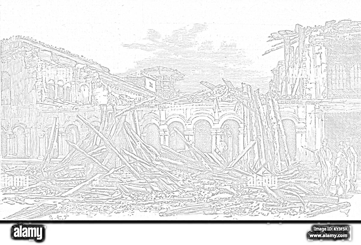 На раскраске изображено: Обломки, Здание, Крыша, Колонны, Катастрофа, Человек, Разрушения