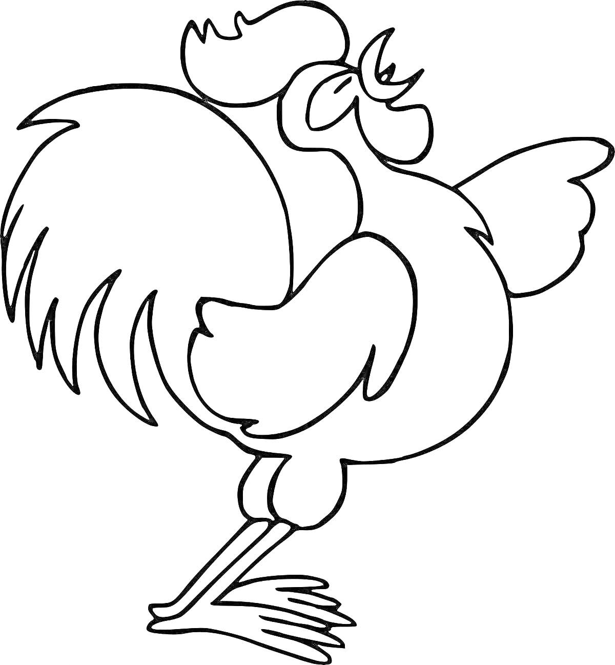 Раскраска Раскраска - Петух с расправленными крыльями, стоящий на одной ноге и поющий