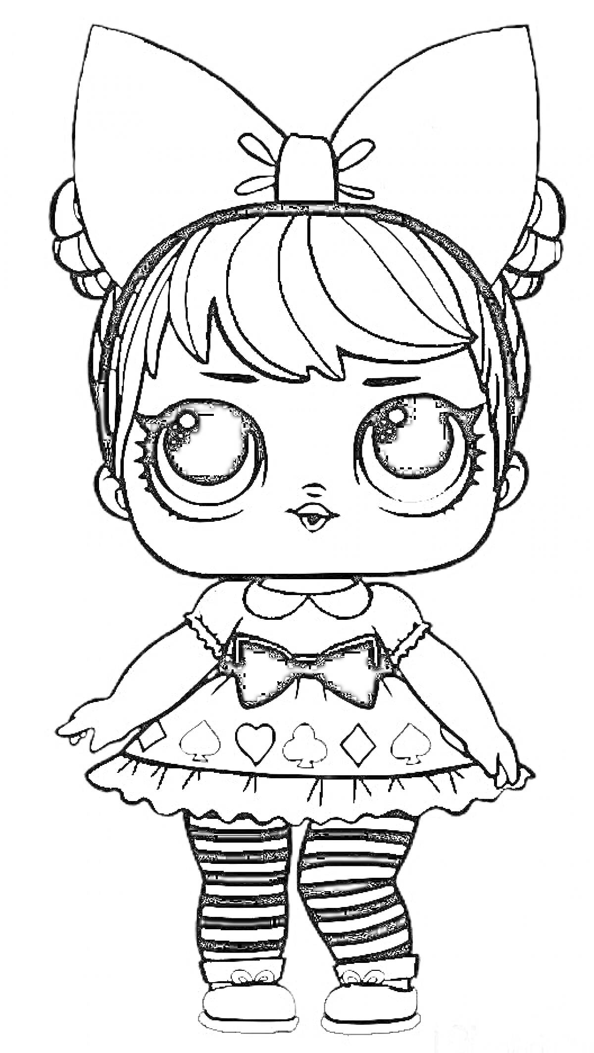 Раскраска Кукла Лол с большим бантом на голове, в платье с покерными символами и в полосатых колготках