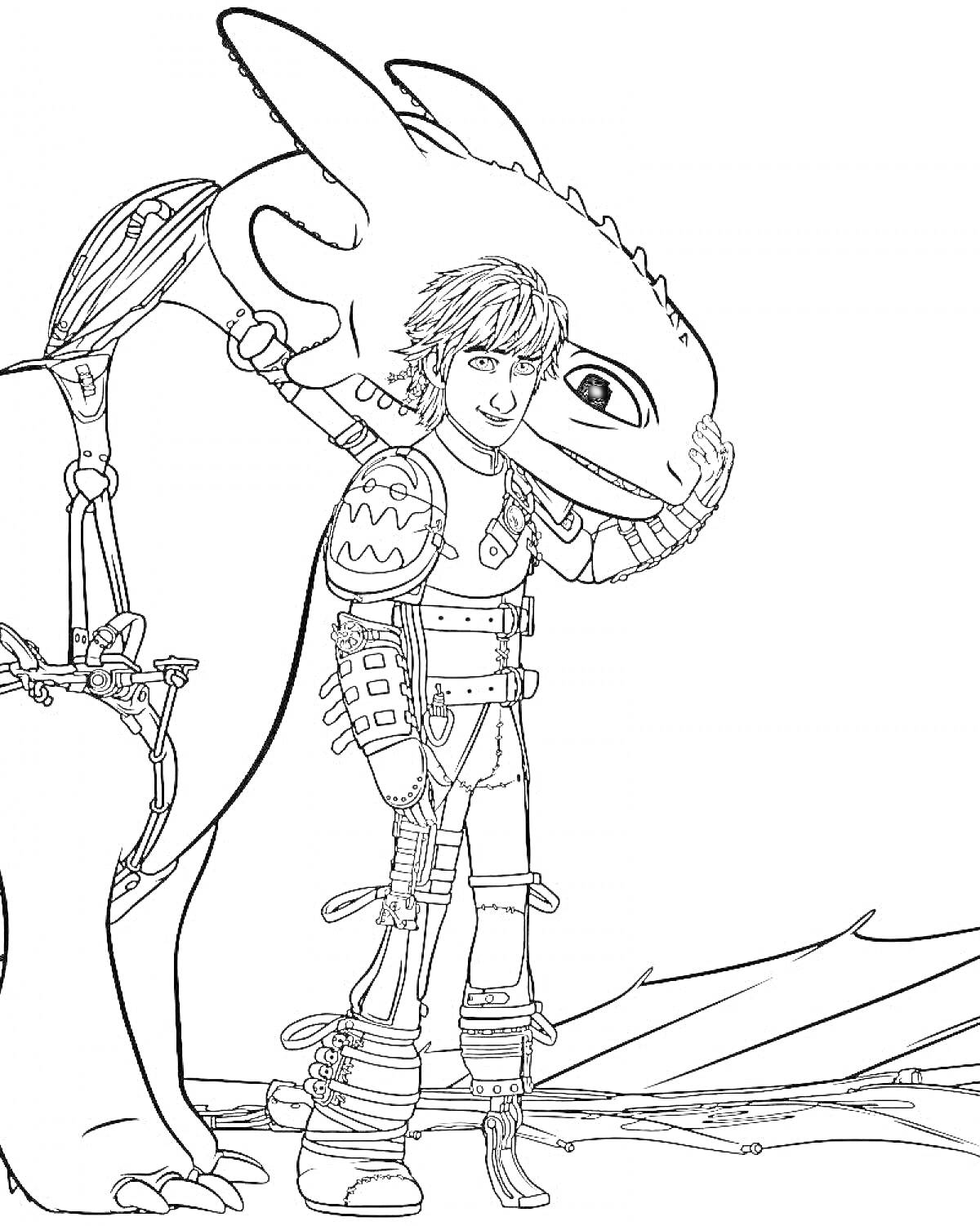 Раскраска Иккинг и Беззубик рядом, Иккинг обнимает голову дракона, примирение человека и дракона.