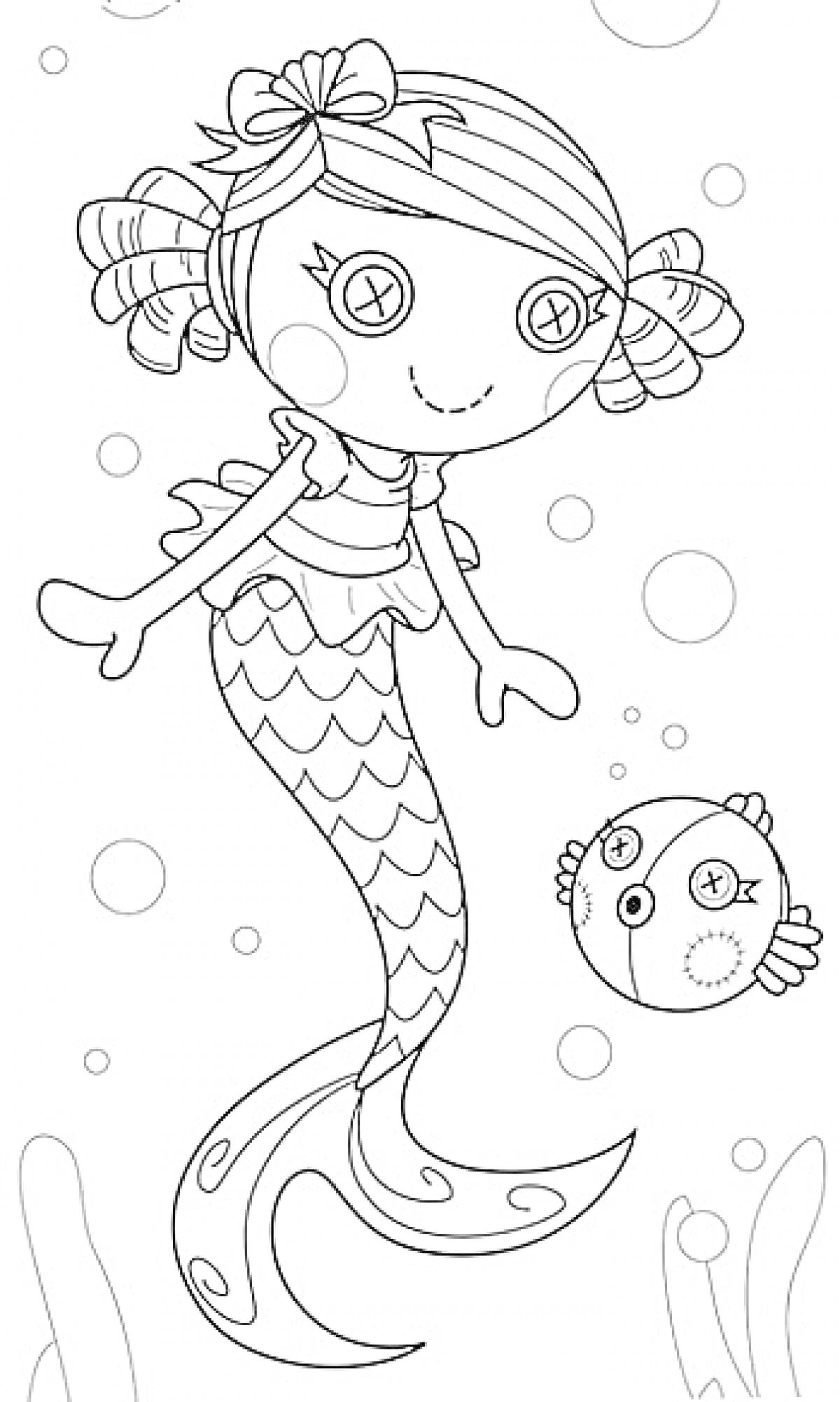 На раскраске изображено: Пузыри, Подводный мир, Для детей, Русалка, Рыба