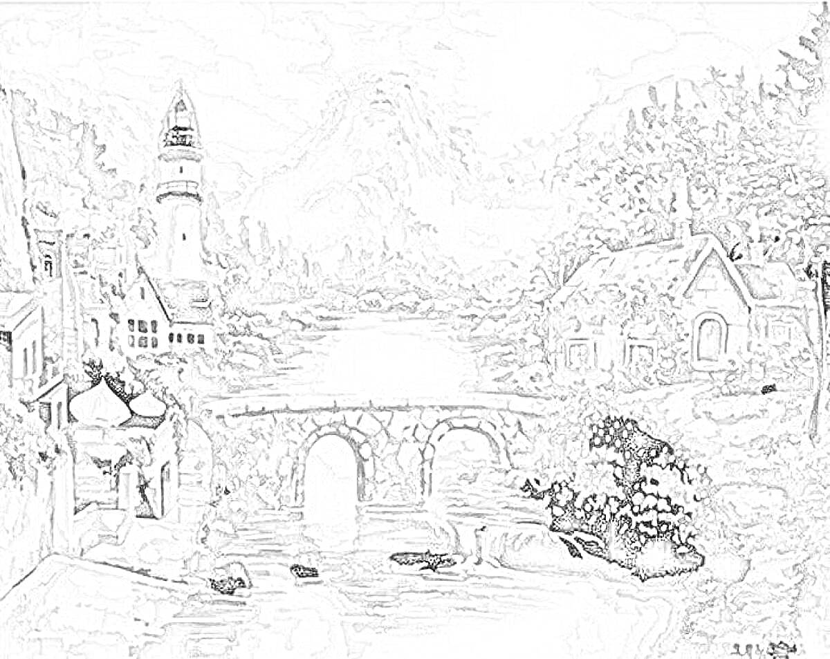 Раскраска Деревня на берегу реки с каменным мостом и маяком