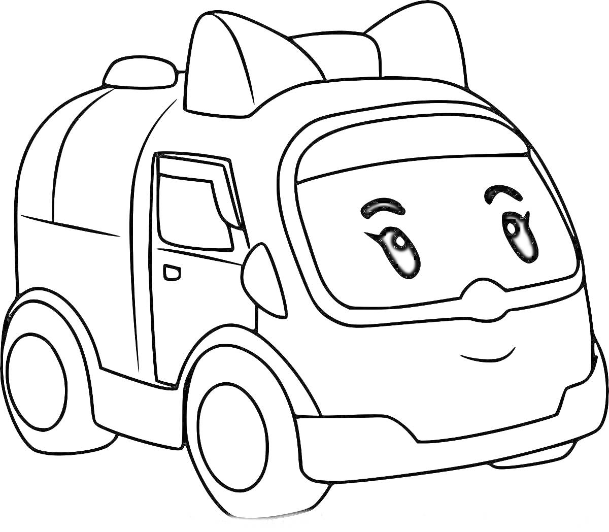На раскраске изображено: Мультяшная машина, Транспорт, Улыбка, Для детей, Уши