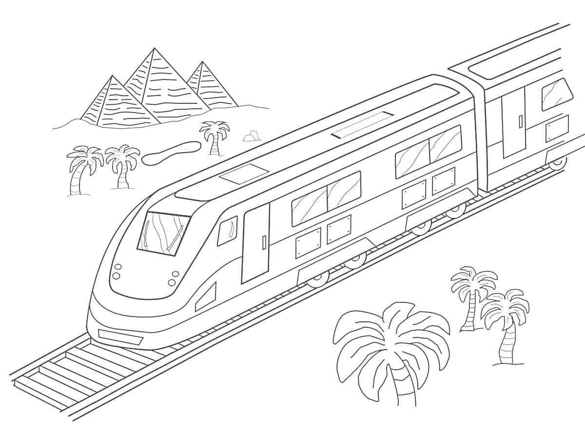 На раскраске изображено: Поезд, Железная дорога, Пальмы, Транспорт, Поездка