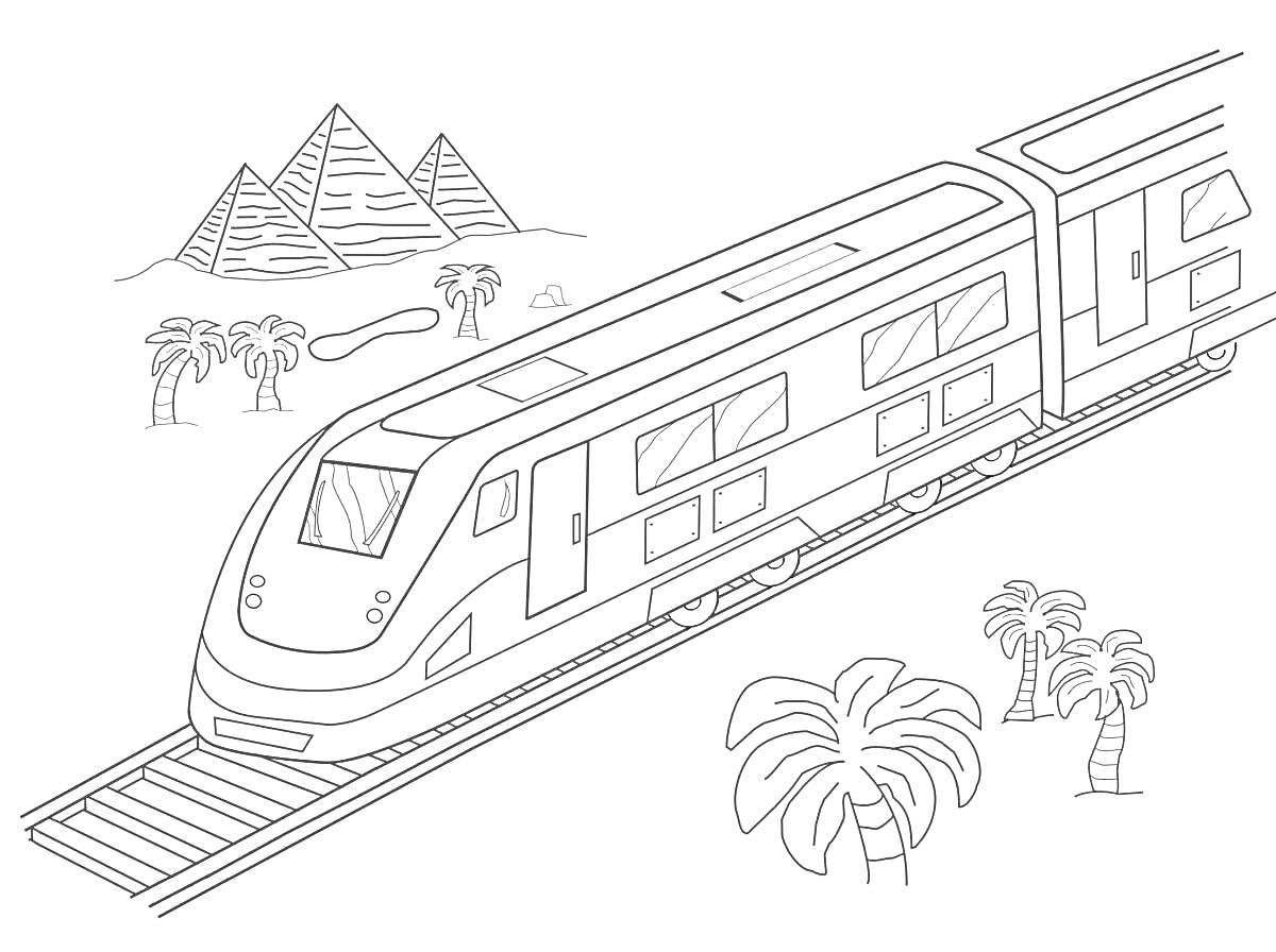 РаскраскаДвухэтажный поезд возле пирамид и пальм