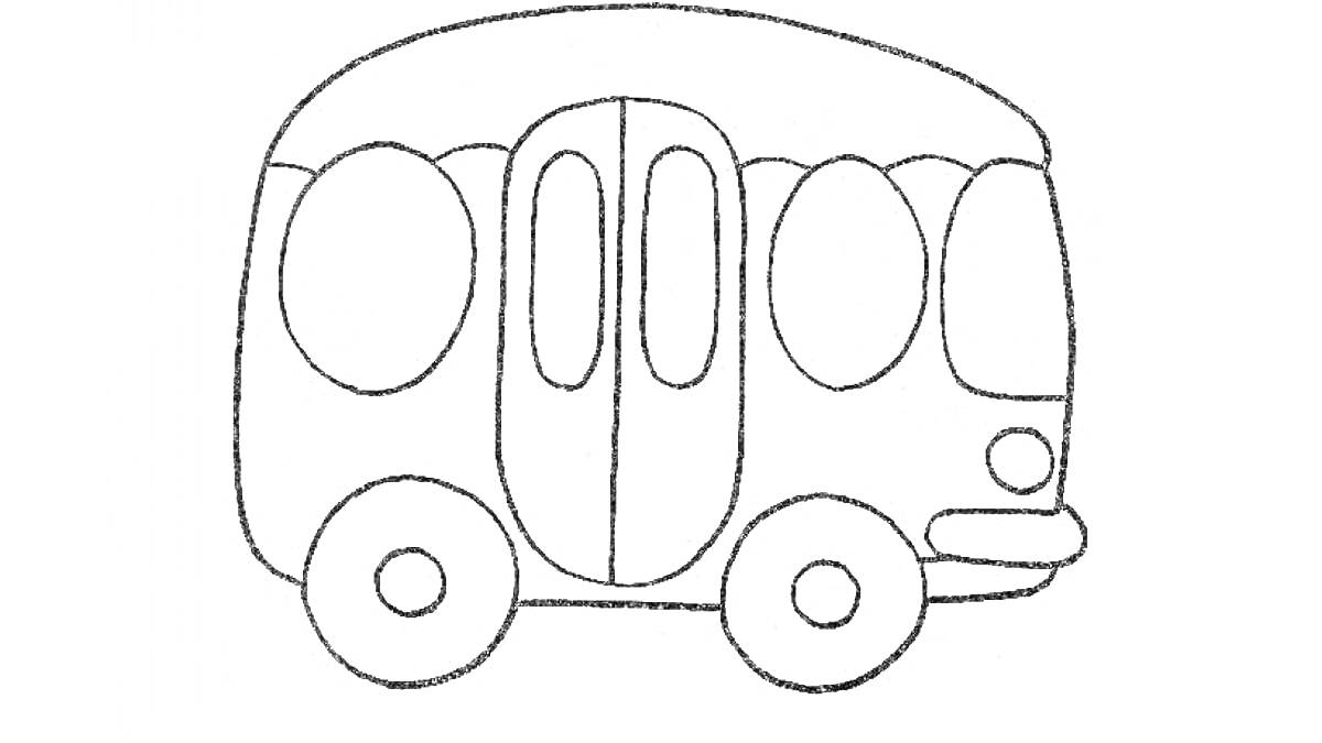 На раскраске изображено: Автобус, Окна, Дверь, Транспорт, Младшая группа