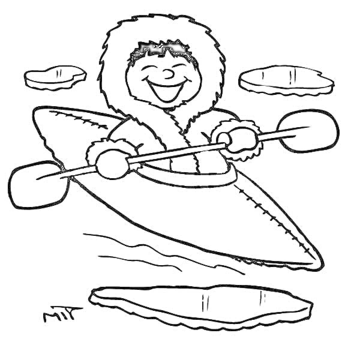 На раскраске изображено: Эскимос, Весло, Льдина, Север, Арктика, Зимняя одежда, Лодка, Вода