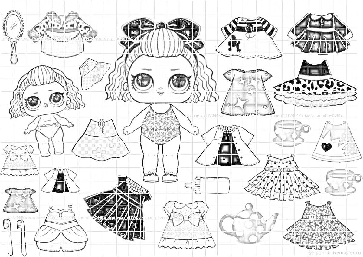 Раскраска Кукла ЛОЛ с одеждой для вырезания: кукла, 14 платьев, 4 кофточки, 3 юбки, зеркало, соска, чашка, чайник