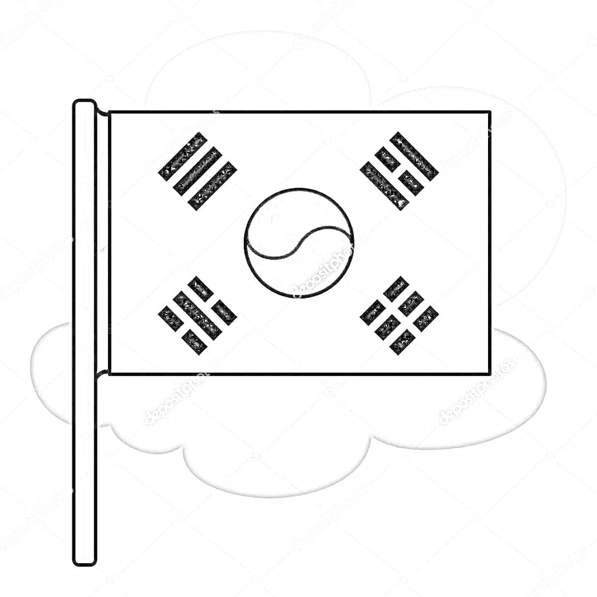 Раскраска раскрашиваемый флаг Кореи с флагштоком и тэгук символом
