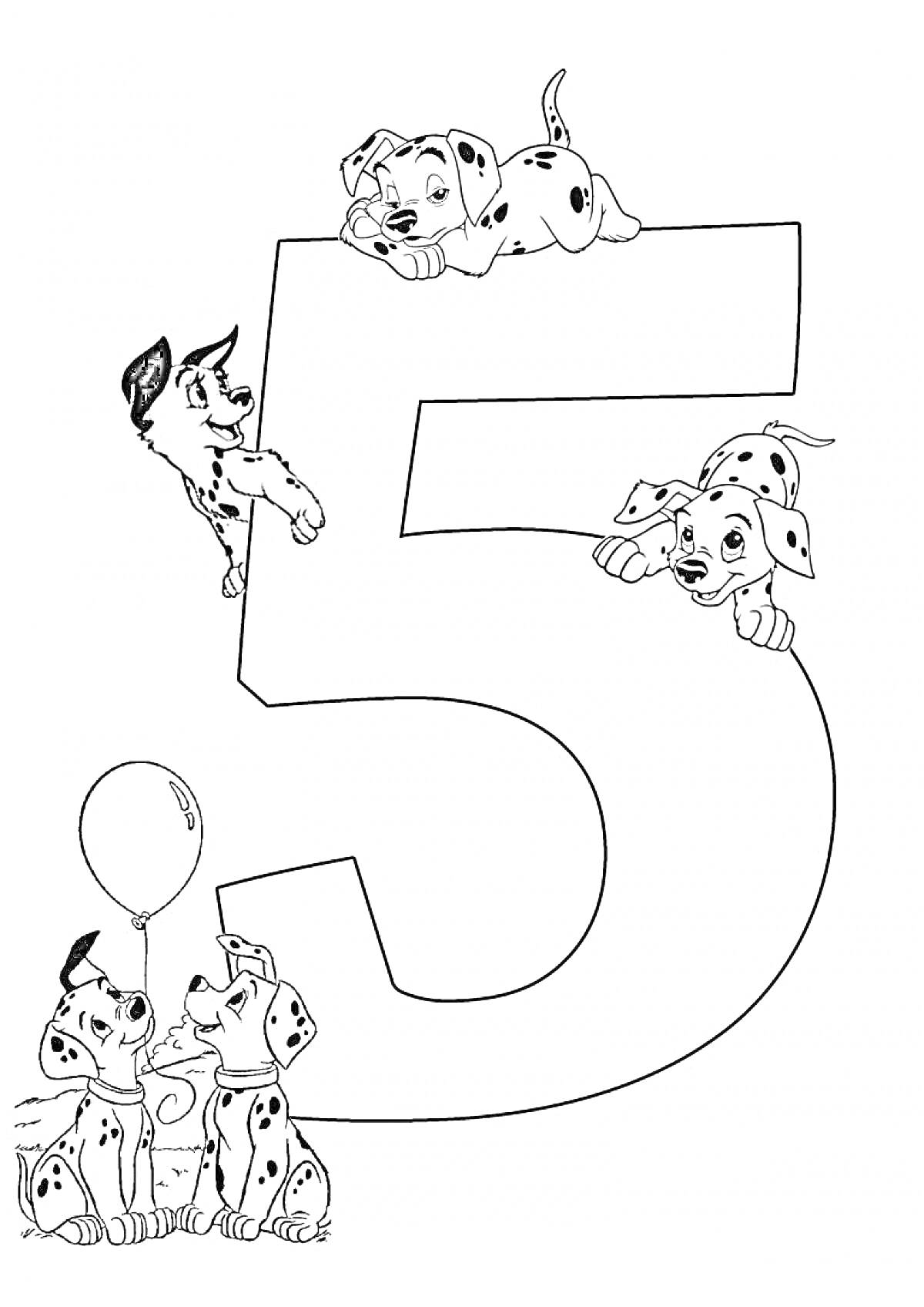 Раскраска Цифра 5 с далматинцами и воздушным шаром